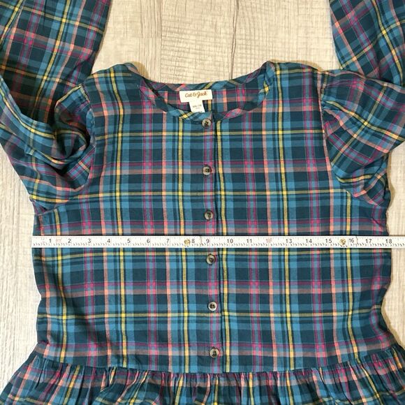 Cat & Jack Girls XXL 18 Plaid Button Front Long Sleeve Dress Blue Green NWT - Picture 13 of 16